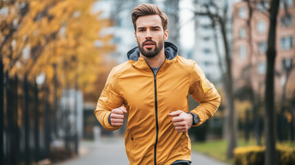 Obraz premium stylish man jogging in urban park, showcasing elegance and fitness amidst autumn foliage