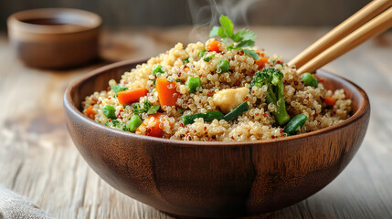 steaming bowl of quinoa mixed with colorful vegetables creates delightful and healthy meal