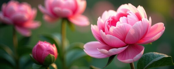 Fototapeta premium Soft pink peony blossoms, lush petals, blurred background, macro, nature, fresh