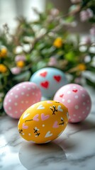 Happy Easter Sunday background, A collection of five colorful Easter eggs decorated with hearts and arrow motifs, arranged in a cascading design on a white marble surface