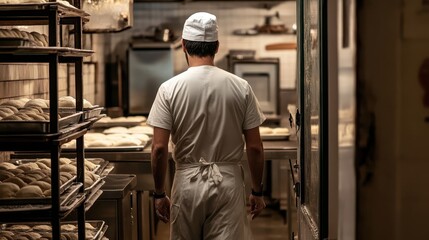 A baker facing the oven in the busy bakery workspace
