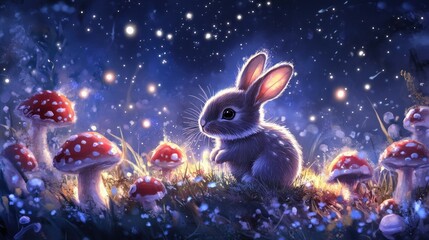 Enchanted forest bunny, A whimsical fairytale with glowing mushrooms