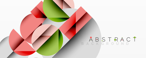Modern abstract composition with layered circles and angular segments featuring gradients, transparency effects, and a structured geometric layout