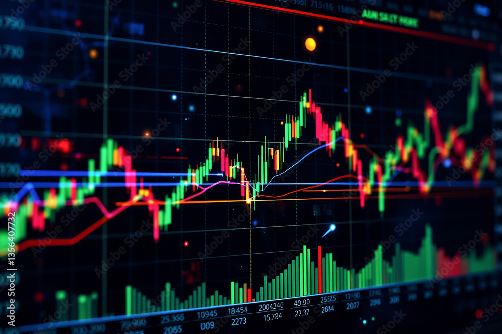 Poster a digital screen displays vibrant financial data with candlestick charts, line graphs, and bar diagr