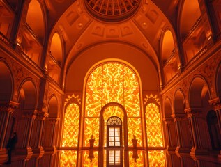 Majestic interior of a grand hall illuminated by vibrant orange light, reflecting off polished floors