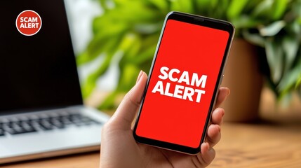 A hand holds a smartphone displaying a bright red screen with the text "SCAM ALERT" against a blurred background of a workspace , Identity Theft Prevention.