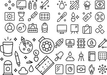 A comprehensive collection of black outline icons representing various design, creative, and art tools.