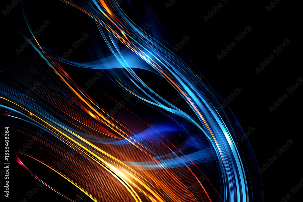 Fototapete Abstract image featuring dynamic and flowing light trails. Vibrant blue and warm orange streaks intertwine on a dark backdrop, creating a sense of energy and movement.