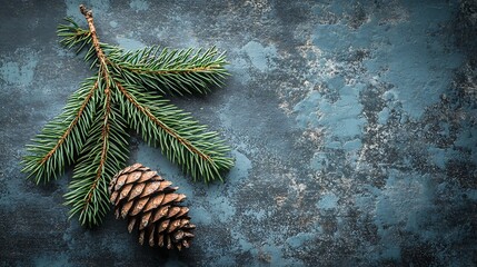 Pine branch and cone on textured background.