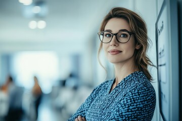 Confident young woman in stylish attire poses in a modern office setting during daytime