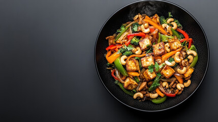 vibrant plate of vegetarian stir fry with tofu, colorful vegetables, and cashews