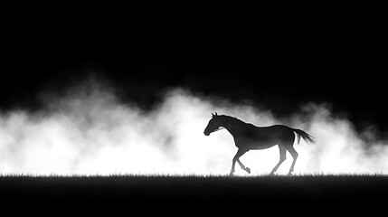 Fototapeta premium Silhouette of a horse running in fog at night.