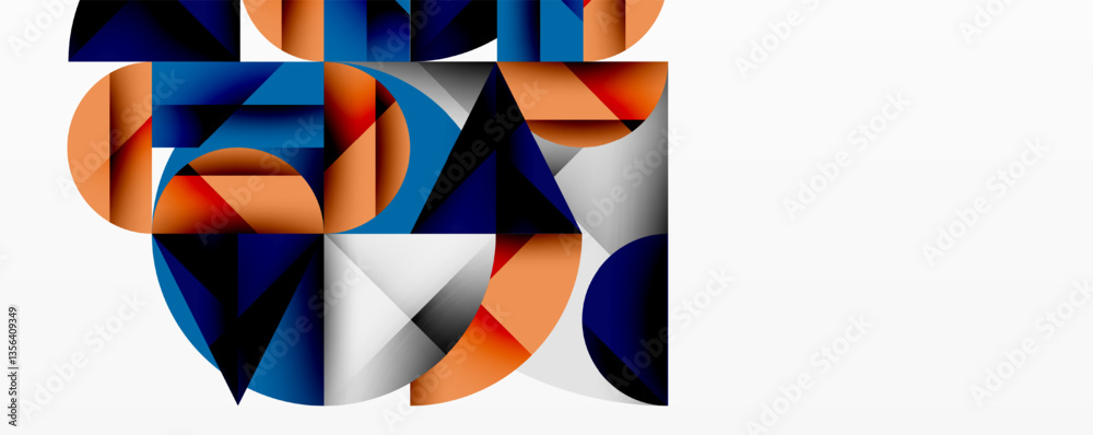 Poster Abstract geometric artwork with overlapping circles and gradients, circle square triangle shapes background featuring sharp angular cuts, smooth shading, and structured layered composition