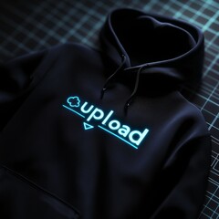 Sleek Black Hoodie with Neon "Upload" Design on a Modern Background, Stylish and Technologically Inspired Apparel.