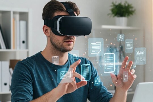 Man wearing a VR headset interacting with a futuristic virtual interface. Concept of augmented reality, digital transformation, remote work, metaverse, AI, cloud computing, and virtual collaboration.
