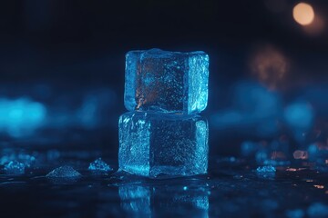Two ice cubes, stacked, illuminated by vibrant blue light, reflecting on dark surface