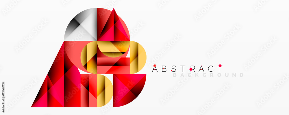 Poster Abstract geometric design with intersecting circles, triangles, squares and sharp angles creating a layered composition with gradients, depth, and contrast