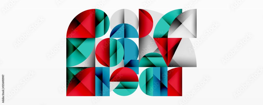 Poster Modern abstract composition with layered circles and angular segments featuring gradients, transparency effects, and a structured geometric layout