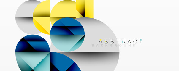 Modern abstract composition with layered circles and angular segments featuring gradients, transparency effects, and a structured geometric layout