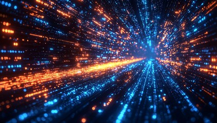 Naklejka premium Dynamic Visualization of Digital Connectivity with Glowing Blue and Orange Data Streams: Showcasing the Vibrant Fusion of Light and Motion, Highlighting Advanced Technological Integration, Modern Data