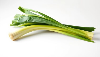 Fototapeta premium A vibrant green leek, freshly harvested, sits on a pristine white background, food styling, food