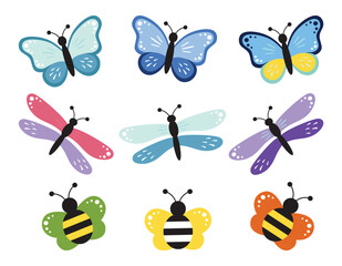 Cute butterfly, dragonfly, bee collection, kids cartoon vector. Illustration isolated on white background. Color insect clipart. Baby shower design elements. Party invitation, birthday celebration