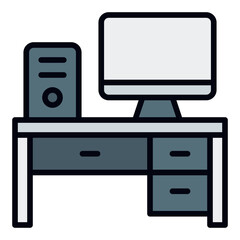 Office Desk with Computer Setup. Filled Line Icon