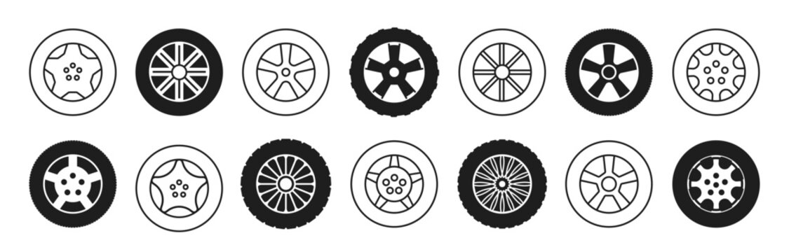 Wheel auto vector icon. Set of vehicle disk tire. Car rubber wheels silhouette. Service signs isolated on white background.
