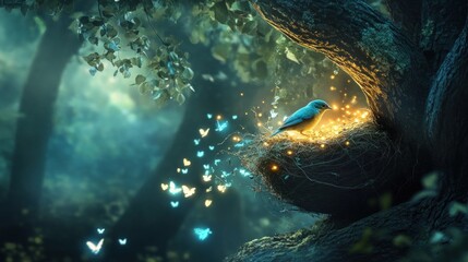 Enchanted forest, bluebird nest, glowing butterflies amidst mystic trees