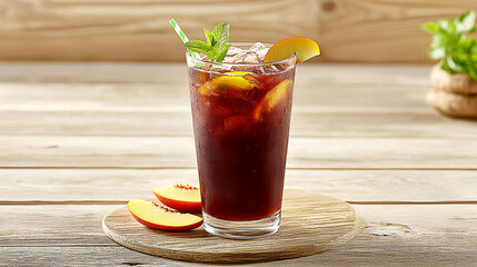 Refreshing iced tea with peach slices and mint, set on a wooden table with a rustic backdrop