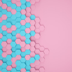 3d rendering of hexagons in blue and pink over pink color background - abstract background - wallpaper - backdrop.