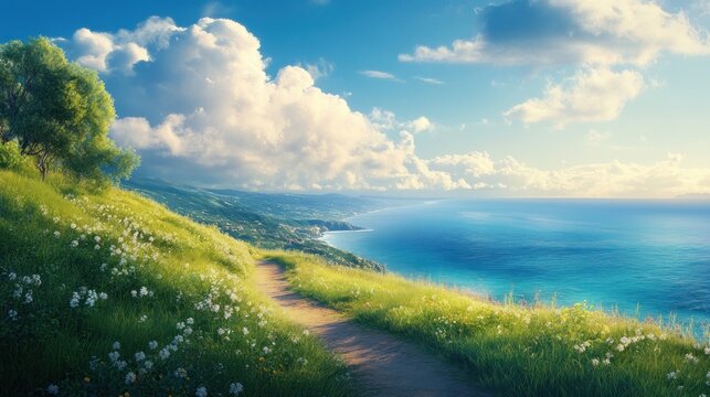 Idyllic coastal path with wildflowers under a serene sky and ocean vista