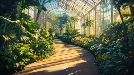 Obraz premium Sun-drenched path through an exquisite conservatory of tropical flora