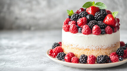 Delicious berry-topped cream cake displayed elegantly on a neutral surface with fresh fruits at a dessert showcase Generative AI