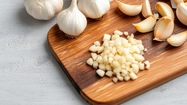 Fresh garlic cloves, chopped and whole, wooden cutting board, showcasing culinary preparation