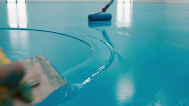 Workers applying blue epoxy resin on floor