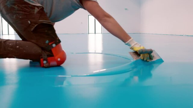 Construction worker spreading blue epoxy resin on floor