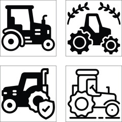 A set of tractor silhouettes in various colors and styles, showcasing farming and construction machinery like bulldozers, loaders, and excavators