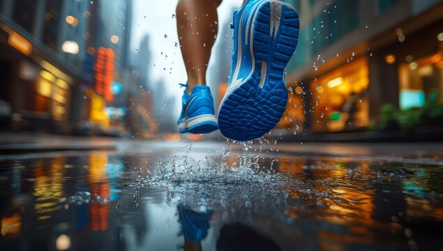 A person is running in the rain with their feet in the water. A close-up of the running shoes jumping over puddles on city streets,