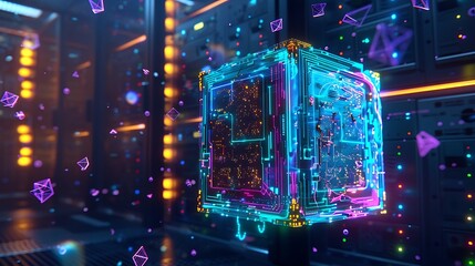 A hyper-detailed AI processor encased in glowing holographic circuits pulsating with neon cyan and magenta data streams