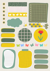 A graphic image of a collection of digital stickers in various shapes and sizes. The stickers include butterflies, flowers, a cloud, a circle, a square, and several rectangles.