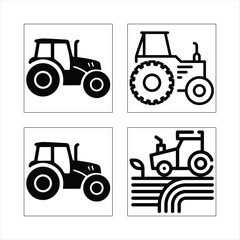 A set of red tractors and farming equipment isolated on a white background