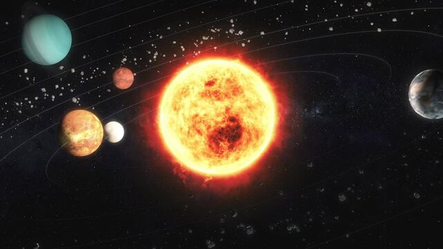 Solar system model. The Sun and planets, with relative proportions of orbital speed and sizes