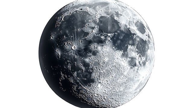 Detailed high-resolution image of the moon's surface, craters, and shadows.