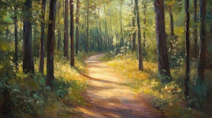 Fototapeta premium Sun-Drenched Path, An Impressionistic Forest Lane in Summer Sunlight