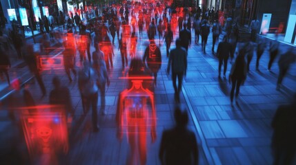 Urban Scene with Abstract Digital Overlay of People in Motion