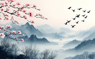 Sumie Style Landscape With Pink Blossom, Mountains, and Silhouetted Birds in Flight