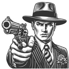 serious-faced gangster in a fedora and pinstripe suit, aiming handgun directly forward in a dramatic noir-style pose sketch engraving generative ai raster illustration. Scratch board. Black and white