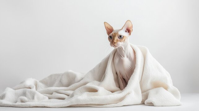 Sphynx cat is sitting on a white background. Looking forward. The cat's eyes are wide open, giving it a curious and alert appearance . Copy space .