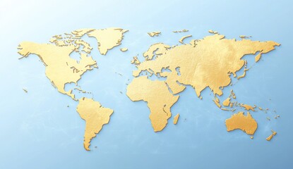 Golden world map on light blue background